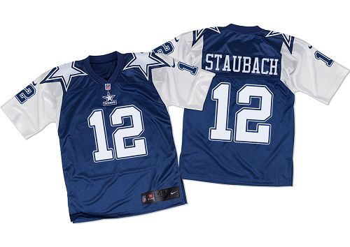 Nike Cowboys #12 Roger Staubach Navy Blue/White Throwback Men's Stitched NFL Elite Jersey - Click Image to Close